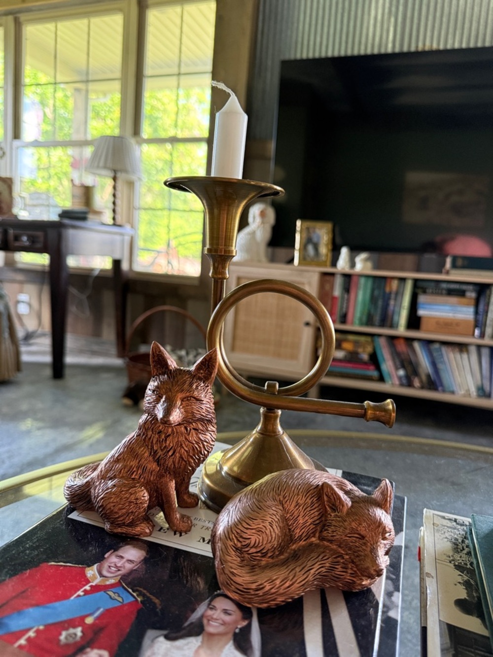 Copper Fox Figurine Set with Brass Candlestick